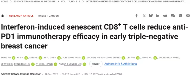 研究揭示免疫抑制性T细胞机制 NMN逆转T细胞衰老助力TNBC免疫治疗
