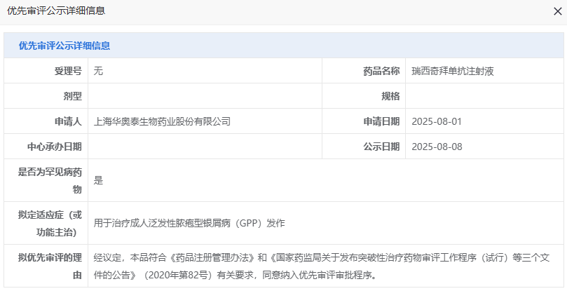 华奥泰生物瑞西奇拜单抗拟纳入优先审评，填补GPP治疗国产空白