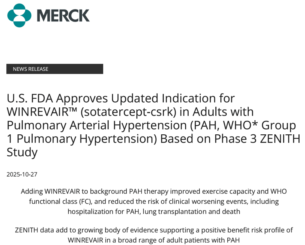 默沙东Sotatercept(Winrevair)再获FDA批准:新适应症拓展至重度肺动脉高压患者